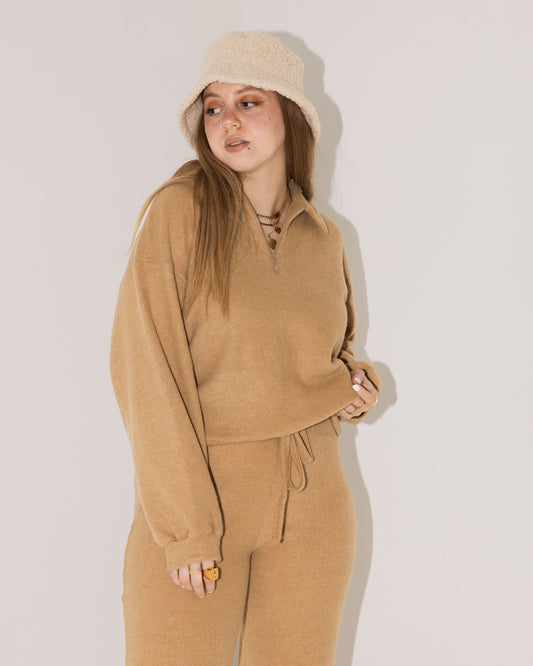 Beige-Knitted Oversized Sweatshirt