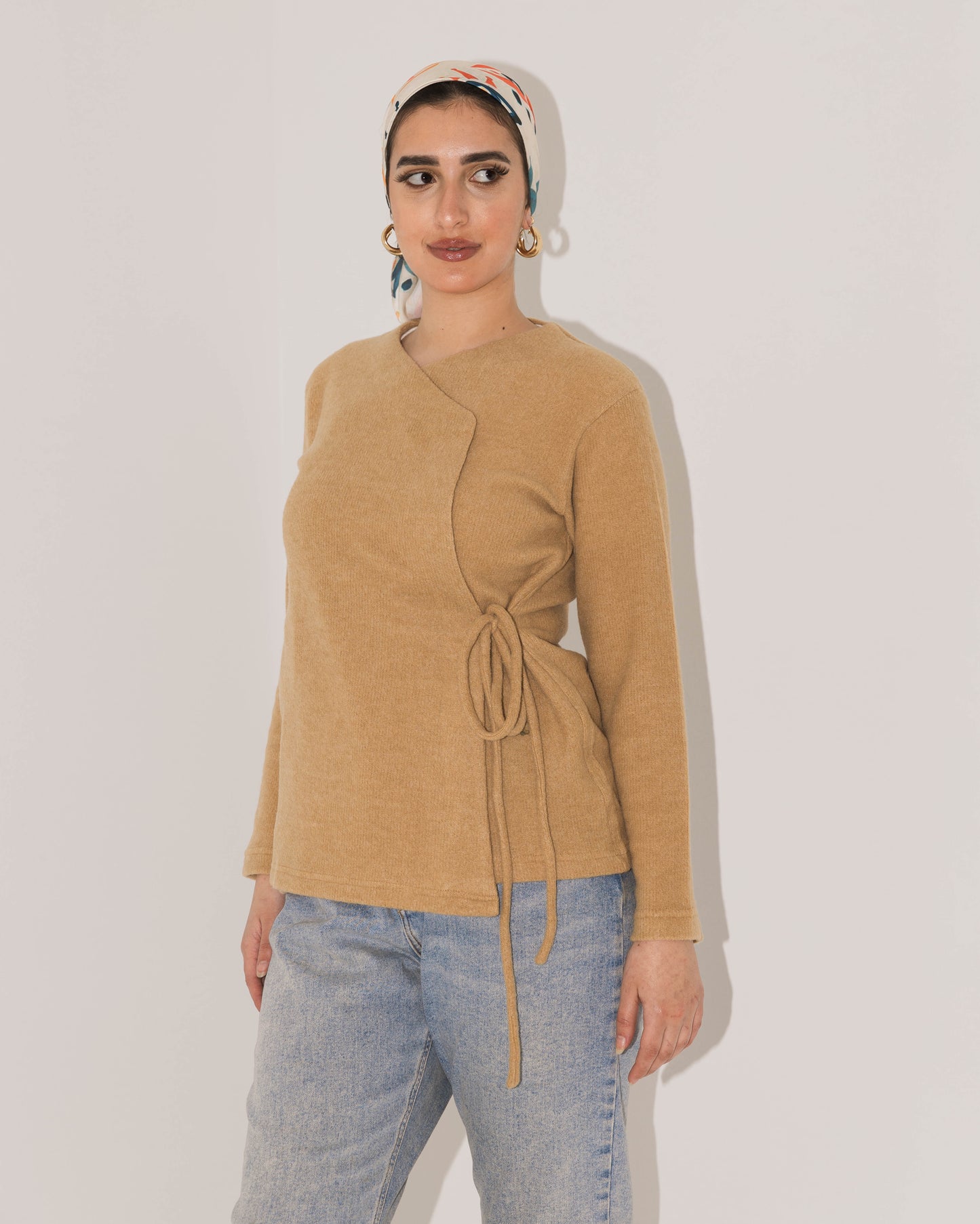 Beige-Knitted Wrap Cardigan