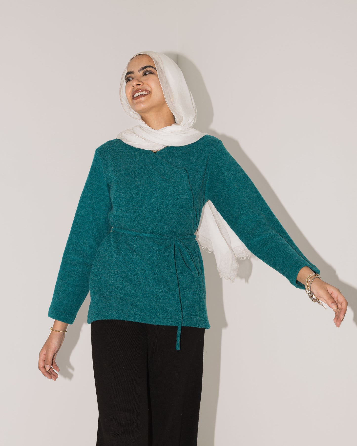 Teal-Knitted Wrap Cardigan