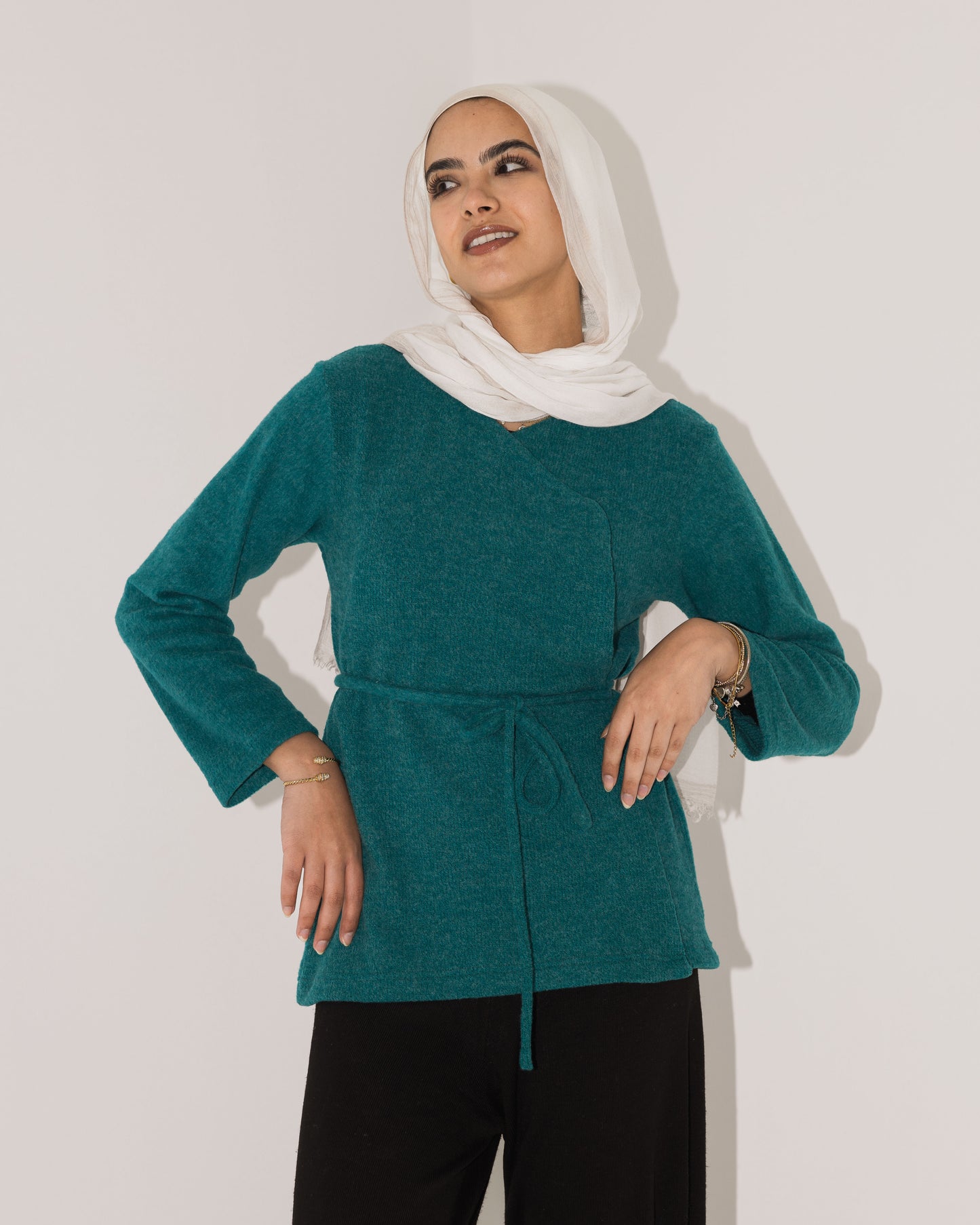 Teal-Knitted Wrap Cardigan